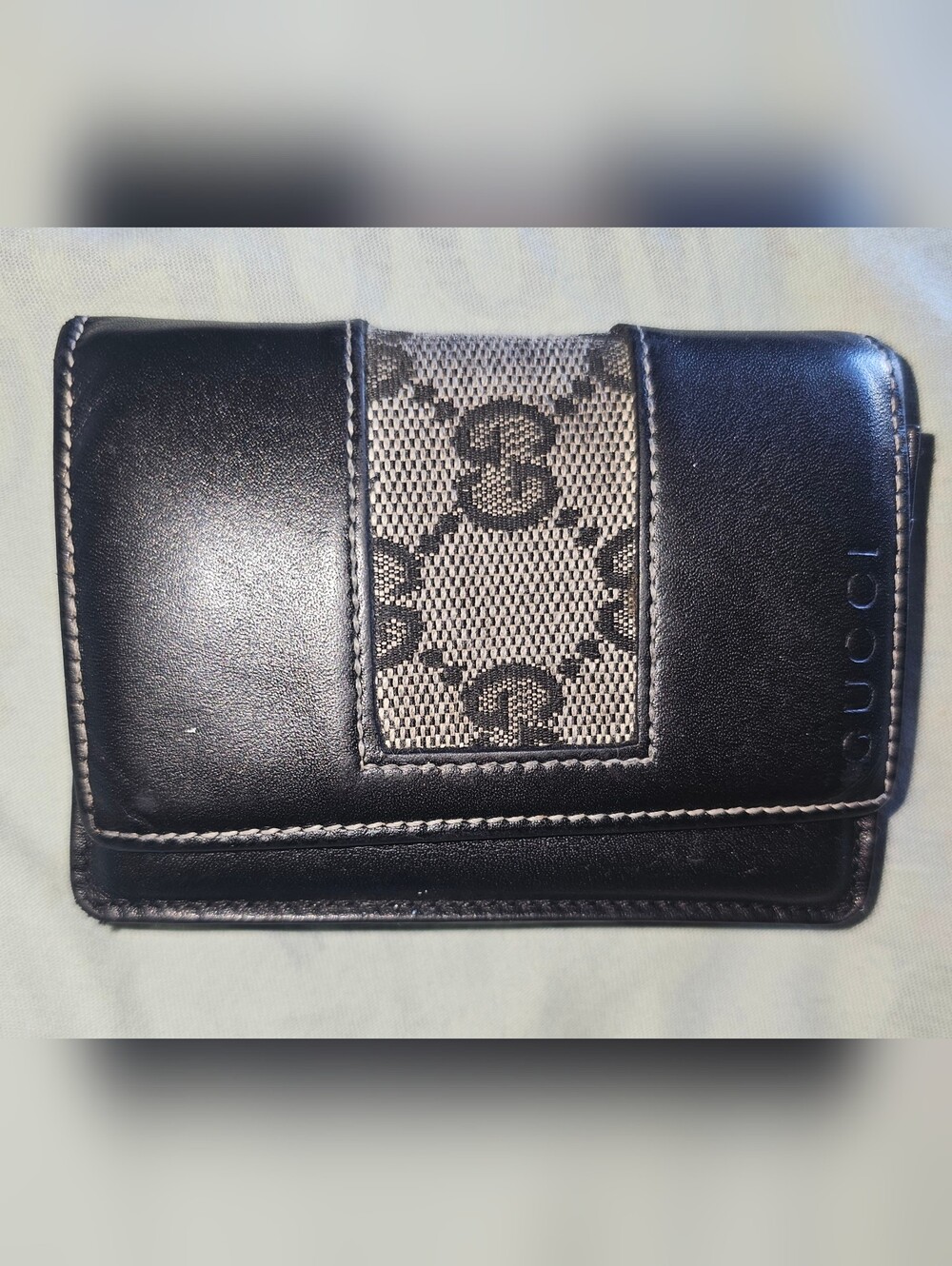 Vintage Gucci Black Leather Wallet with Gray GG Canvas Stripe